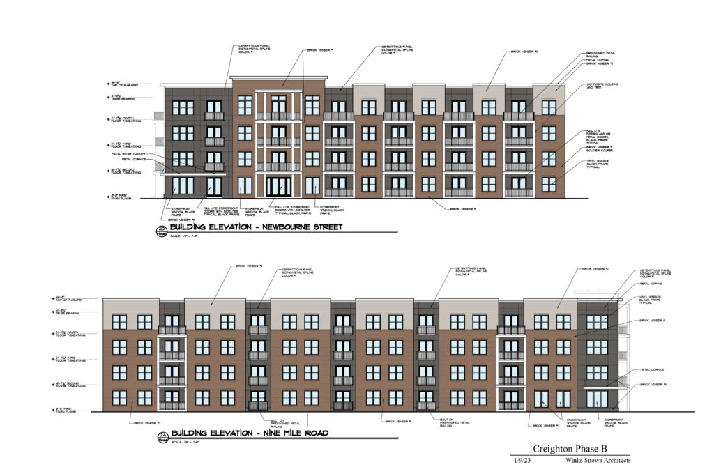 Side view illustrations of an apartment building.