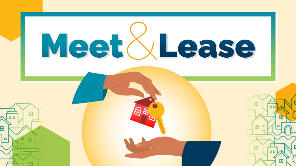 A Meet & Lease graphic featuring hands exchanging house keys.